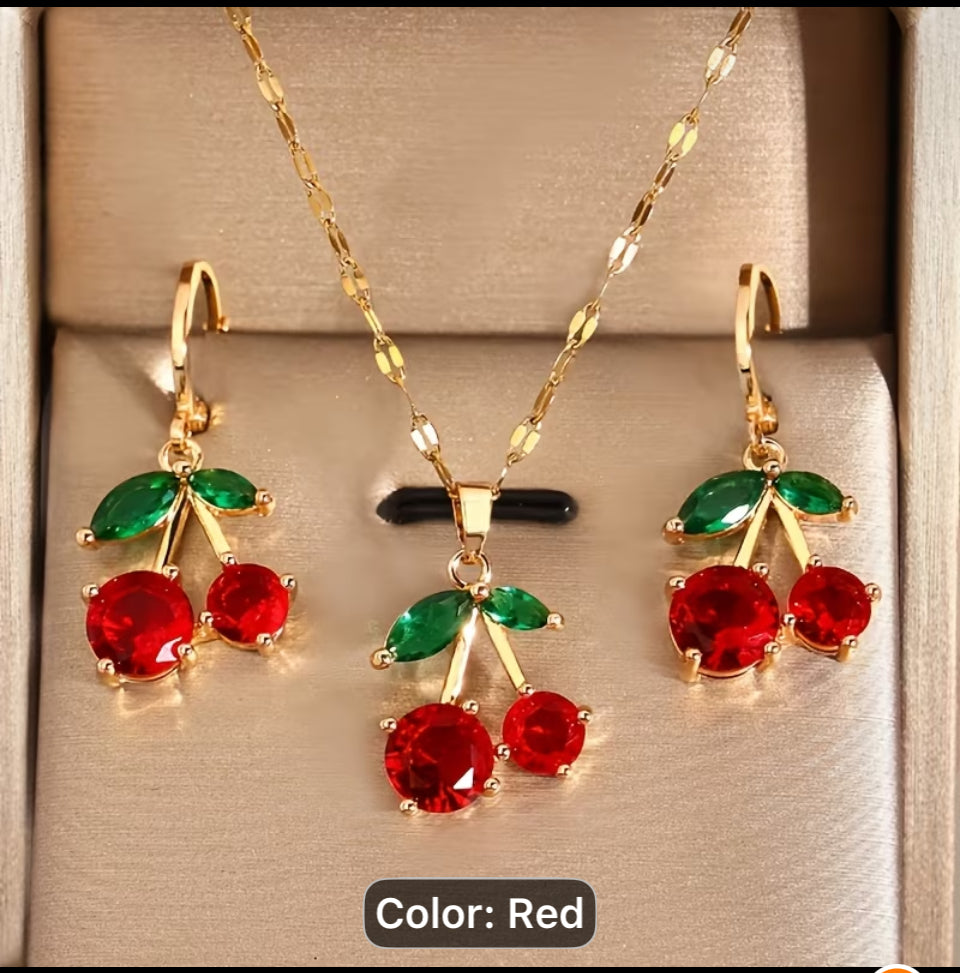 All DAT cherry necklace and earring set